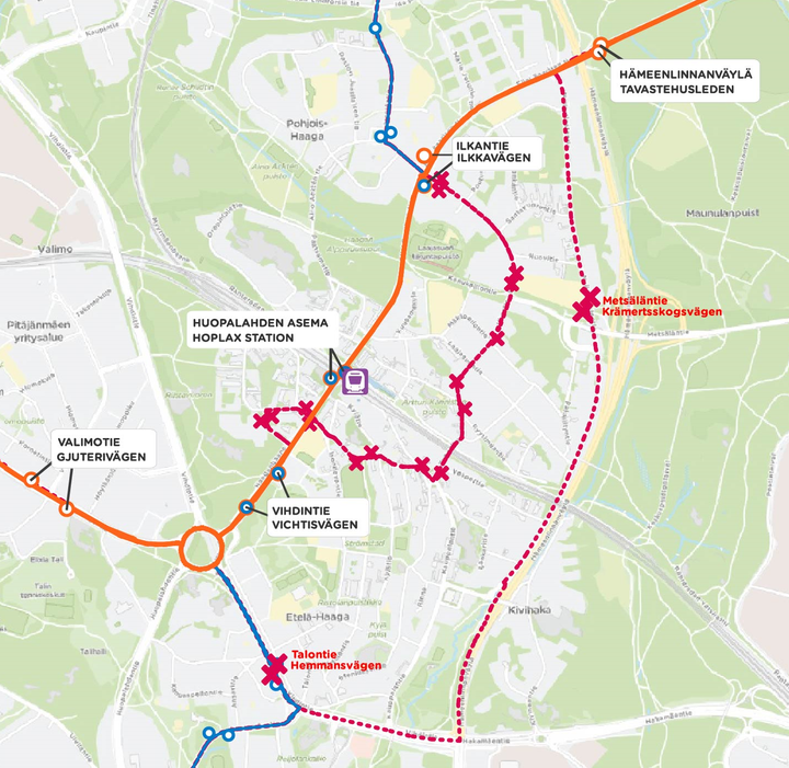 Runkolinjan 550 ja linjan 52 reittimuutokset 13.12.2021 alkaen. Kuva: HSL.