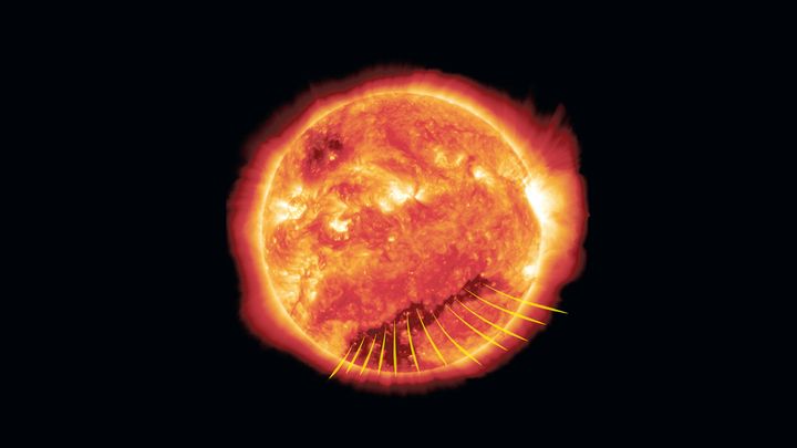Auringon magneettisesti aktiivisia alueita (kirkkaat) ja koronan aukkoja (tummat), joista virtaa nopeaa aurinkotuulta.