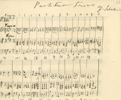 Trio kahdelle viululle ja pianolle (1883) on 17-vuotiaan Sibeliuksen käsialaa. Teos syntyi kesälomalla metsästys- ja kalastusretkien lomassa. Kuva: Petri Tuovinen, Sibeliuksen sävellyskäsikirjoitus/ Kansalliskirjaston kokoelmat.