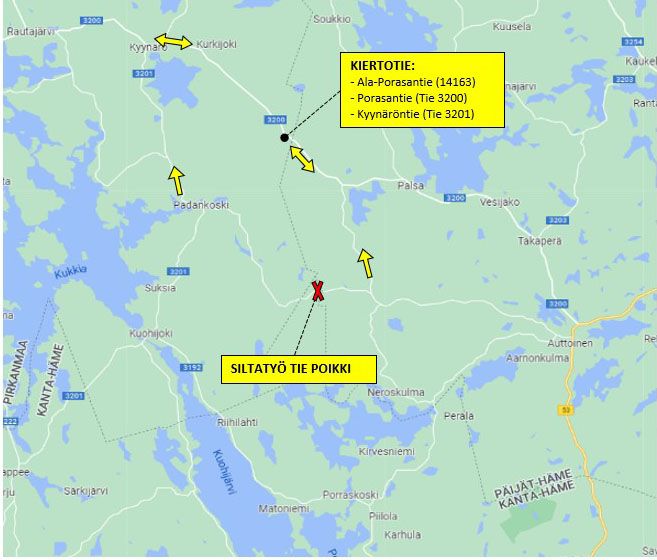 Kiertotie kulkee Kyynäröntien (tie 3201), Porasantien (tie 3200) ja Ala-Porasantien (tie 14163) kautta.