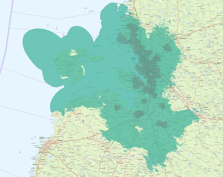 Kuvassa vaaleampi vihreä väri kuvaa normaalia 4G-/5G-peruspeittoa, ja tummempi vihreä erityisen nopeaa, 3,5 GHz:n taajuudella toimivaa 5G-verkkoa.
