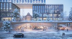 Visualisering av Train Factorys arkitekttävlingens vinnare A Roof for Helsinki. Bild: MASSLab Porto sekä AFRY & AFRY Ark Studio.