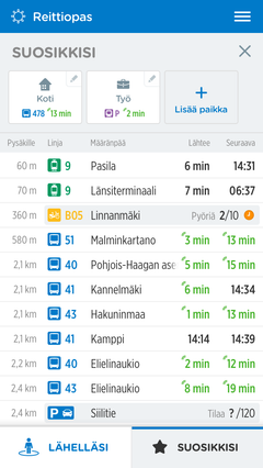 Uuden Reittioppaan Suosikkisi-näkymästä näkee suoraan, milloin seuraava kyyti esimerkiksi kotiin lähtee.