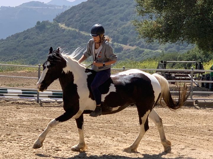 Än så länge hålls Peppe Öhman på hästen Sequoias rygg trots att hon lämnat sadeln i stallet.