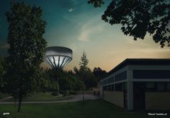 Havainnekuva, vesitorni yöllä (kuva WSP Group)