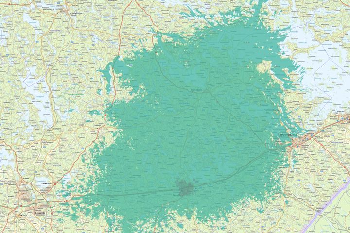 Kuvassa vaaleampi vihreä väri kuvaa normaalia 4G-/5G-peruspeittoa, ja tummempi vihreä erityisen nopeaa, 3,5 GHz:n taajuudella toimivaa 5G-verkkoa.