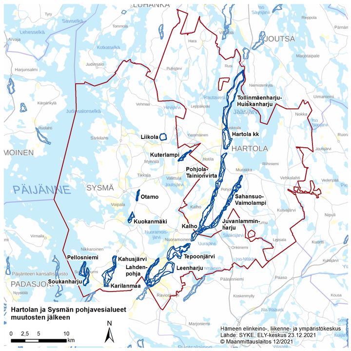 Hartolan ja Sysmän pohjavesialueet muutosten jälkeen.