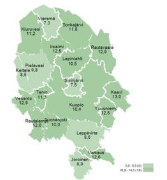 Työttömien työnhakijoiden osuus työvoimasta kunnittain Pohjois-Savossa.