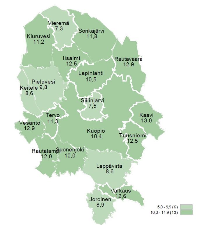 Työttömien työnhakijoiden osuus työvoimasta kunnittain Pohjois-Savossa.