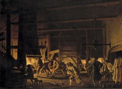 Pehr Hilleström (1732‒1816) Vieraita Söderforsin ankkuripajalla. Sepät uurastavat työssään, 1782
Besök i Söderfors ankarsmedja, Smederna i fullt arbete, 1782
In the Anchor-Forge at Söderfors. The Smiths Hard at Work, 1782.