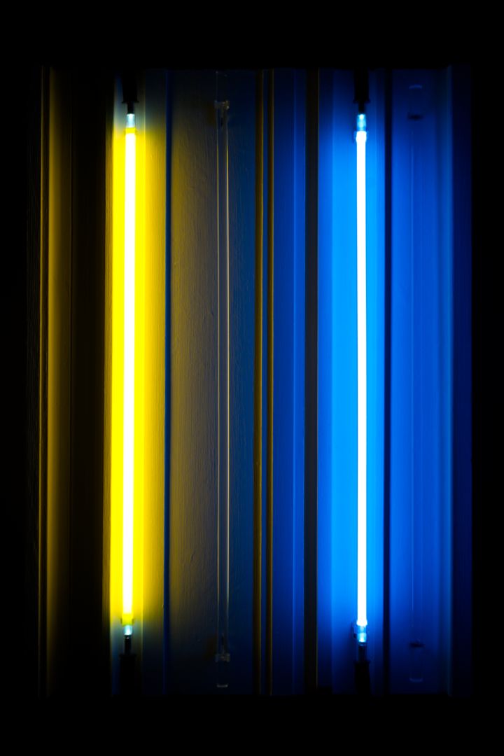 Alexander Salvesen: Perception Calibrator V - Yellow/Blue, 2023 Neonvalo, argonvalo, polykarbonaatti, puu. Kuva: Alexander Salvesen.