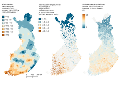 Kuva 2. Ilmastonmuutoksen ja maankäytön paineiden kohdistuminen suojelualueille, joilla on havaittu arvokkaita (uhanalaisia ja silmälläpidettäviä) metsälajeja. Kasvukauden lämpösumman muutos viimeisen 60 vuoden aikana (kartta vasemmalla) sekä ennustettu kasvukauden lämpösumman muutosnopeus suojelualueilla (keskimmäinen kartta). Muutosnopeus on laskettu kaikille suojelualueille osuville 50 x 50 m ruuduille ilmastollisesti samanlaisten ruutujen etäisyytenä vuosien 1981–2010 ja 2070–2099 (RCP4.5 mukainen ennuste) välillä, minkä jälkeen jokaiselle suojelualueelle on laskettu suojelualuekohtainen muutosnopeuden keskiarvo. Maankäytön paineita kuvaa avohakkuiden kumulatiivinen osuus metsissä 10 km:n säteellä vuodesta 2001 vuoteen 2019. © Syke