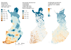 Kuva 2. Ilmastonmuutoksen ja maankäytön paineiden kohdistuminen suojelualueille, joilla on havaittu arvokkaita (uhanalaisia ja silmälläpidettäviä) metsälajeja. Kasvukauden lämpösumman muutos viimeisen 60 vuoden aikana (kartta vasemmalla) sekä ennustettu kasvukauden lämpösumman muutosnopeus suojelualueilla (keskimmäinen kartta). Muutosnopeus on laskettu kaikille suojelualueille osuville 50 x 50 m ruuduille ilmastollisesti samanlaisten ruutujen etäisyytenä vuosien 1981–2010 ja 2070–2099 (RCP4.5 mukainen ennuste) välillä, minkä jälkeen jokaiselle suojelualueelle on laskettu suojelualuekohtainen muutosnopeuden keskiarvo. Maankäytön paineita kuvaa avohakkuiden kumulatiivinen osuus metsissä 10 km:n säteellä vuodesta 2001 vuoteen 2019. ©  Syke