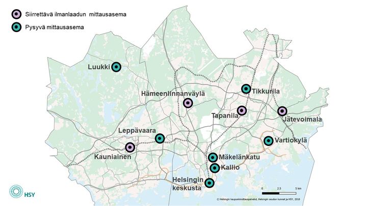 HSY:llä on pääkaupunkiseudulla 11 ilmanlaadun mittausasemaa. Näistä neljän aseman paikka vaihtuu vuoden tai kahden välein.