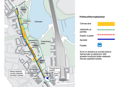 Työmaa-alue kartalla ja reitit alueen ympäristössä.