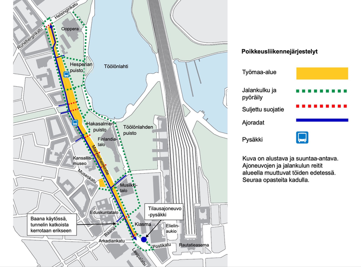 Työmaa-alue kartalla ja reitit alueen ympäristössä.