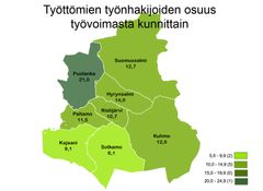 Työttömien työnhakijoiden osuus työvoimasta kunnittain Kainuussa helmikuussa 2023.