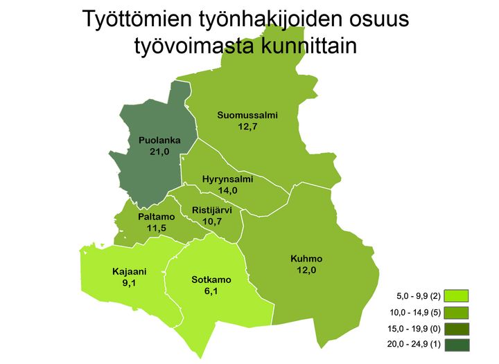 Työttömien työnhakijoiden osuus työvoimasta kunnittain Kainuussa helmikuussa 2023.