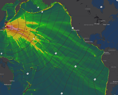 Vuoden 2011 Japanin tsunamiaallot etenivät voimakkaina haaravirtauksina aina Amerikkaan saakka. Kuva: National Oceanic and Atmospheric Administration (NOAA).
