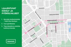 Kartta suunnitelluista kävelylle ja pyöräilylle varattavista uusista alueista Helsingin keskustassa.