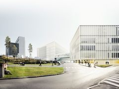 Havainnekuva Siltasairaalan julkisivusta Meilahden sairaala-alueelta päin katsottuna. Kuva: HUS-Tilakeskus