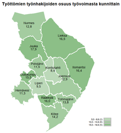 Työttömät työnhakijat kunnittain, Pohjois-Karjala, huhtikuu 2023.