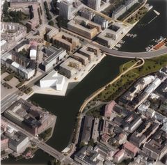 Havainnekuva Hakaniemenrannan ideakilpailun voittaneesta ehdotuksesta Cinque palazzi. Ehdotuksen tekijät ovat Arkkitehtitoimisto Harris–Kjisik Oy ja VSU maisema-arkkitehdit Oy.