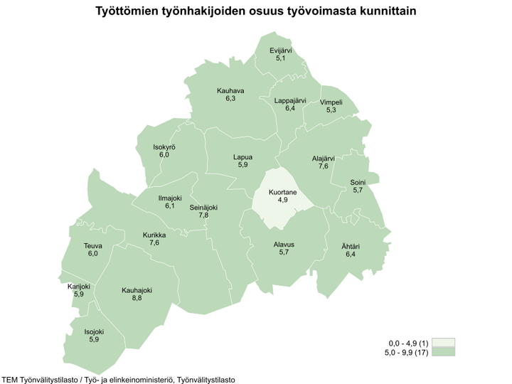 Maakunnan alhaisimmat työttömien työnhakijoiden osuudet olivat Kuortaneella (4,9 %), Evijärvellä (5,1 %), Vimpelissä (5,3 %), Alavudella (5,7 %) ja Soinissa (5,7 %).