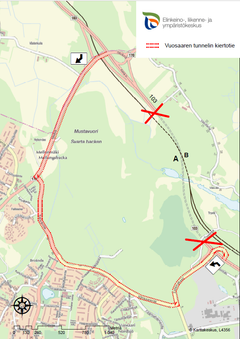 Vuosaaren tunnelin kiertotie Itäväylän, Kallvikintien, Niinisaarentien ja Satamankaaren kautta.