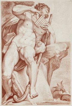 Johan Tobias Sergel (1740-1814). Polyfemos-kyklooppi soittaa panhuilua, punaliitu. Sinebrychoffin taidemuseon ystävien kokoelma, S-2013-53