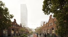 Visualisering av Train Factorys arkitekttävlingens vinnare A Roof for Helsinki. Bild: MASSLab Porto sekä AFRY & AFRY Ark Studio.