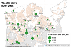 Väestönkasvu Helsingissä alueittain 2019–2035.