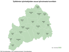 Maakunnan alhaisimmat työttömien työnhakijoiden osuudet olivat Kuortaneella (5,0 %), Alavudella (6,0 %), Soinissa (6,0 %) ja Vimpelissä (6,0 %)