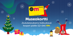 Joulutarjouksena lisäkuukausi kaupan päälle (12+1kk) 69€ uuden kortin ostajille ja voimassaolon jatkajille. Tarjous on voimassa 31.12. saakka museoissa ja verkossa.