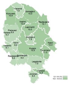 Työttömien työnhakijoiden osuus työvoimasta kunnittain.