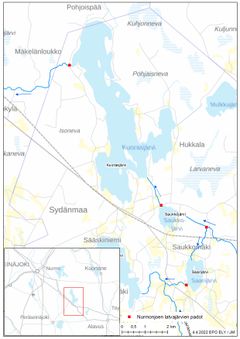 Karttakuva. Kuorasjärvi ja Saukkojärvi sijaitsevat Alavudella, Etelä-Pohjanmaalla.