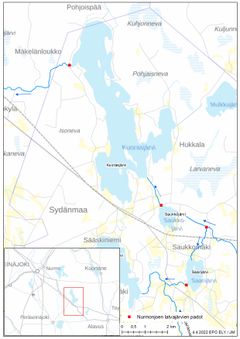 Karttakuva. Kuorasjärvi ja Saukkojärvi sijaitsevat Alavudella, Etelä-Pohjanmaalla.