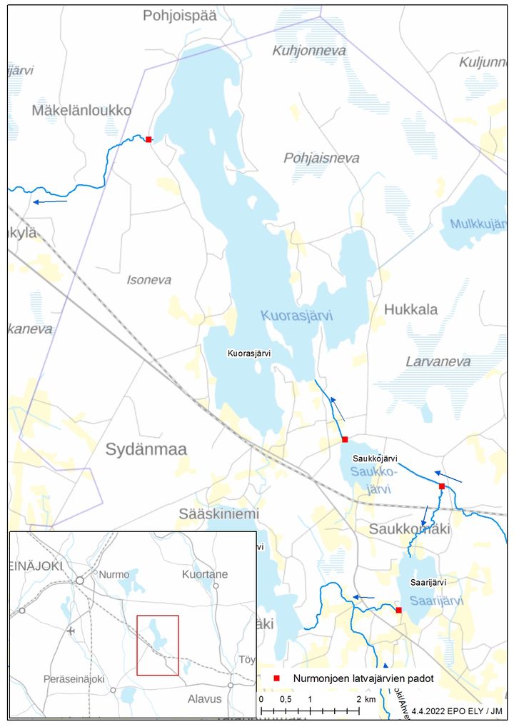 Karttakuva. Kuorasjärvi ja Saukkojärvi sijaitsevat Alavudella, Etelä-Pohjanmaalla.