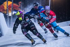 Mirko Lahti, Leo Dutruel  (FRA), Dimitry Murlichkin (RUS) ja Petar Sevo (NED) nuorten MM-finaalissa Red Bull Crashed Ice Jyväskylän osakilpailussa 20. tammikuuta 2017.