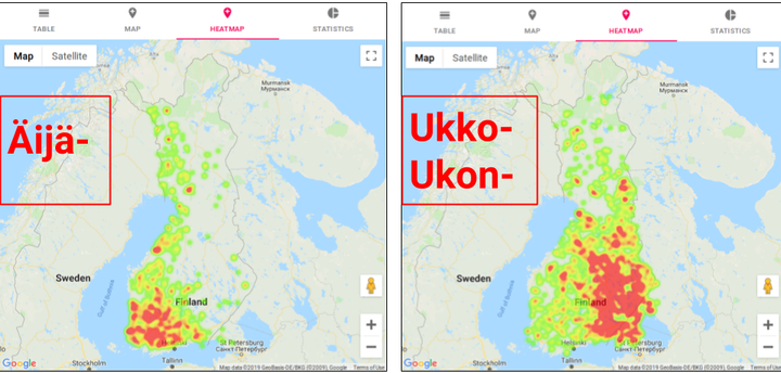 Esimerkki Nimisammon käytöstä. Käyttäjä vertailee Äijä- ja Ukko/Ukon-alkuisten paikannimien esiintymistä Suomessa lämpökarttojen avulla ja huomaa merkittävän eron.