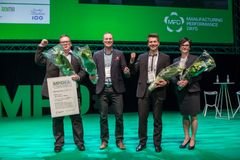 The Winner of the first MPIDEA competition, SFTec and Juha Roininen, and other finalists Kaarlo Paakinaho (Adaptos), Joona Heikkinen (M-Files), and Minna Lappalainen (Fixteri). Photo: Olli-Pekka Latvala.