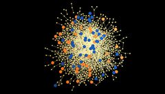 Yökukkujat (siniset) ovat keskeisempiä sosiaalisissa verkostoissaan kuin aamuvirkut (oranssit). Jokainen piste kuvaa yhtä ihmistä ja viivat vuorovaikutusta (puheluita) heidän välillään. Kuva: Jari Saramäki, Talayeh Aledavood / Aalto-yliopisto