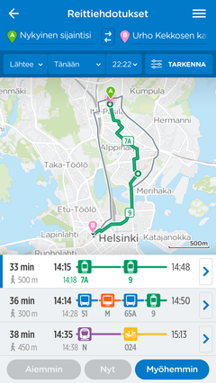 Uusi Reittiopas tarjoaa erilaisia reittivaihtoehtoja, ei vain samaa eri kellonaikoina.