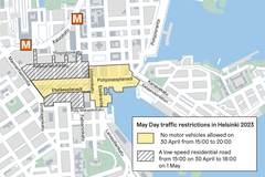 A map of the restrictions in central Helsinki on May Day Eve and May Day.