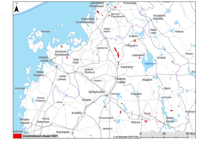 De områden som preliminärt valts för inventering i uppdateringen av POSKI-projektet i Södra Österbotten och Österbotten år 2021. Obs! Områdesavgränsningarna har framhävts på kartan och motsvarar inte områdenas verkliga storlek.