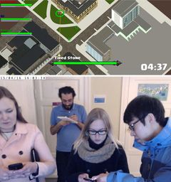 Paula Alavesan väitösaineistoa, pelaajat ja pelitilanne. Kännyköillä ohjataan avatareja, jotka kohtaavat toisensa virtuaalisessa kaupunkitilassa.