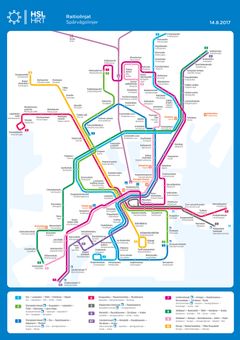 Skemaattinen kartta Helsingin raitiolinjastosta 14.8.2017 alkaen