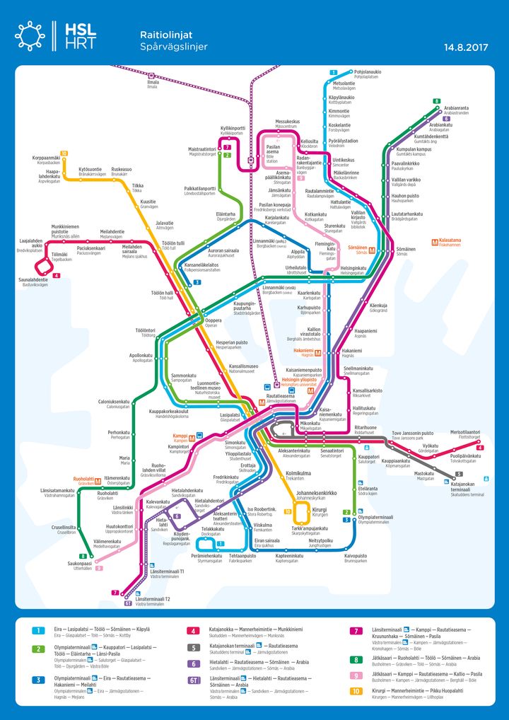 Skemaattinen kartta Helsingin raitiolinjastosta 14.8.2017 alkaen