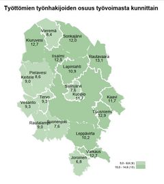 Työttömien työnhakijoiden osuus työvoimasta kunnittain Pohjois-Savossa.