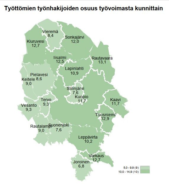 Työttömien työnhakijoiden osuus työvoimasta kunnittain Pohjois-Savossa.